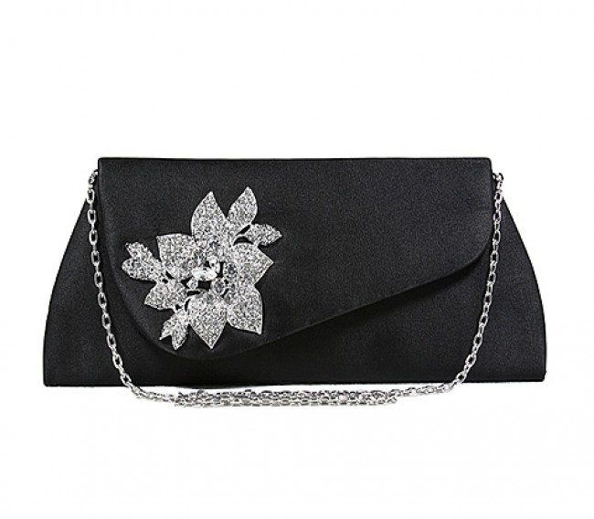 Evening Bag - Satin w/ Rhinestone Flower Charm  Accent - Black - BG-100155B